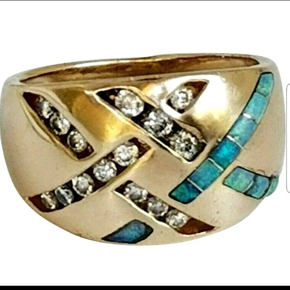 14k Gold Diamond Opal Band Ring Kabana